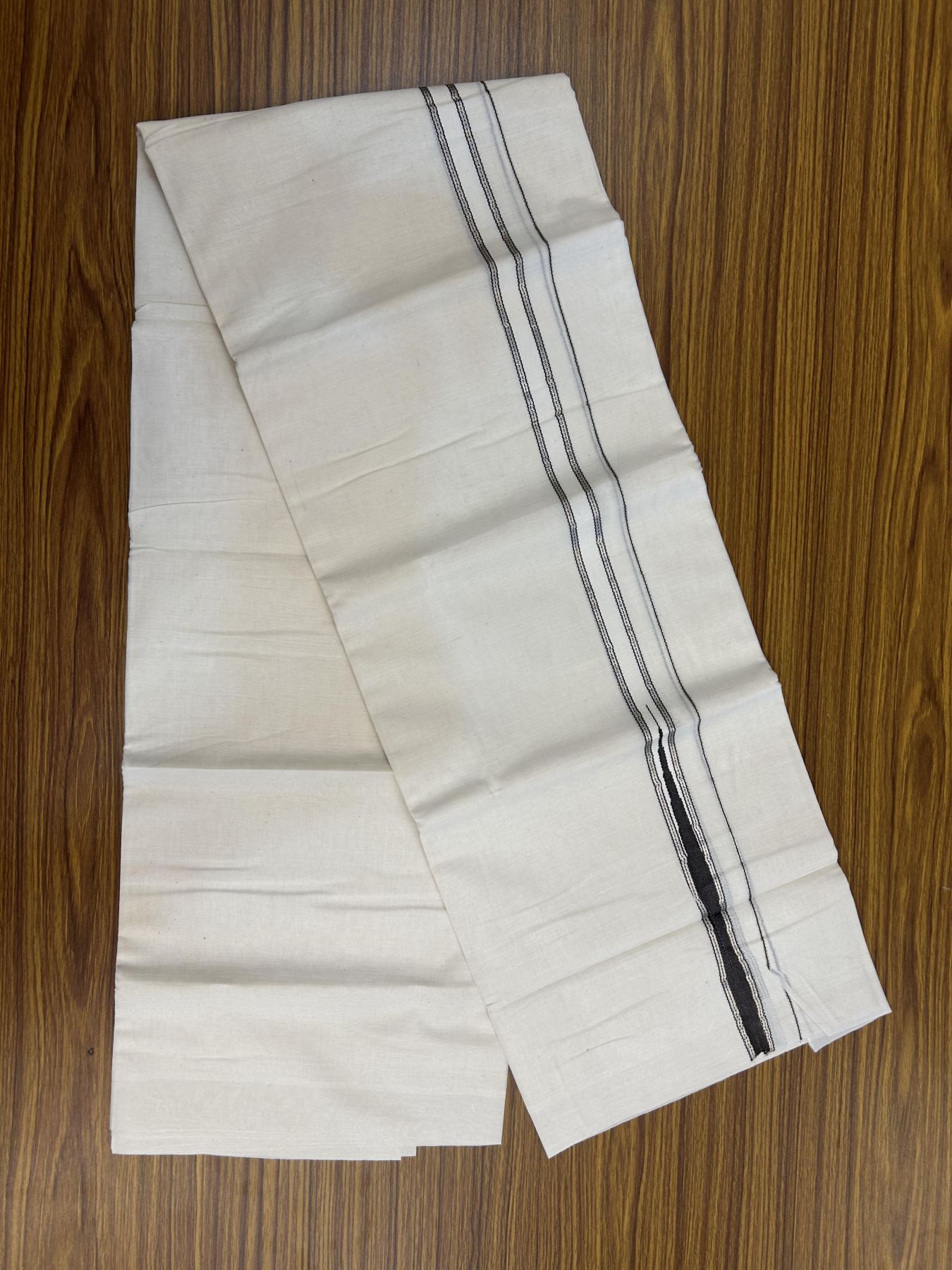 20% Discount!! KaithariKada Balaramapuram Pure Cotton Double Off White - (Unbleached) - Mundu/Dhoti - 100x80 - 1 inch Puliyilakkara Silver Kasav & Dark Brown Stripes One Side Chutty Kara 4 mtr (8.5 muzham) - 40 KK5357 VAS