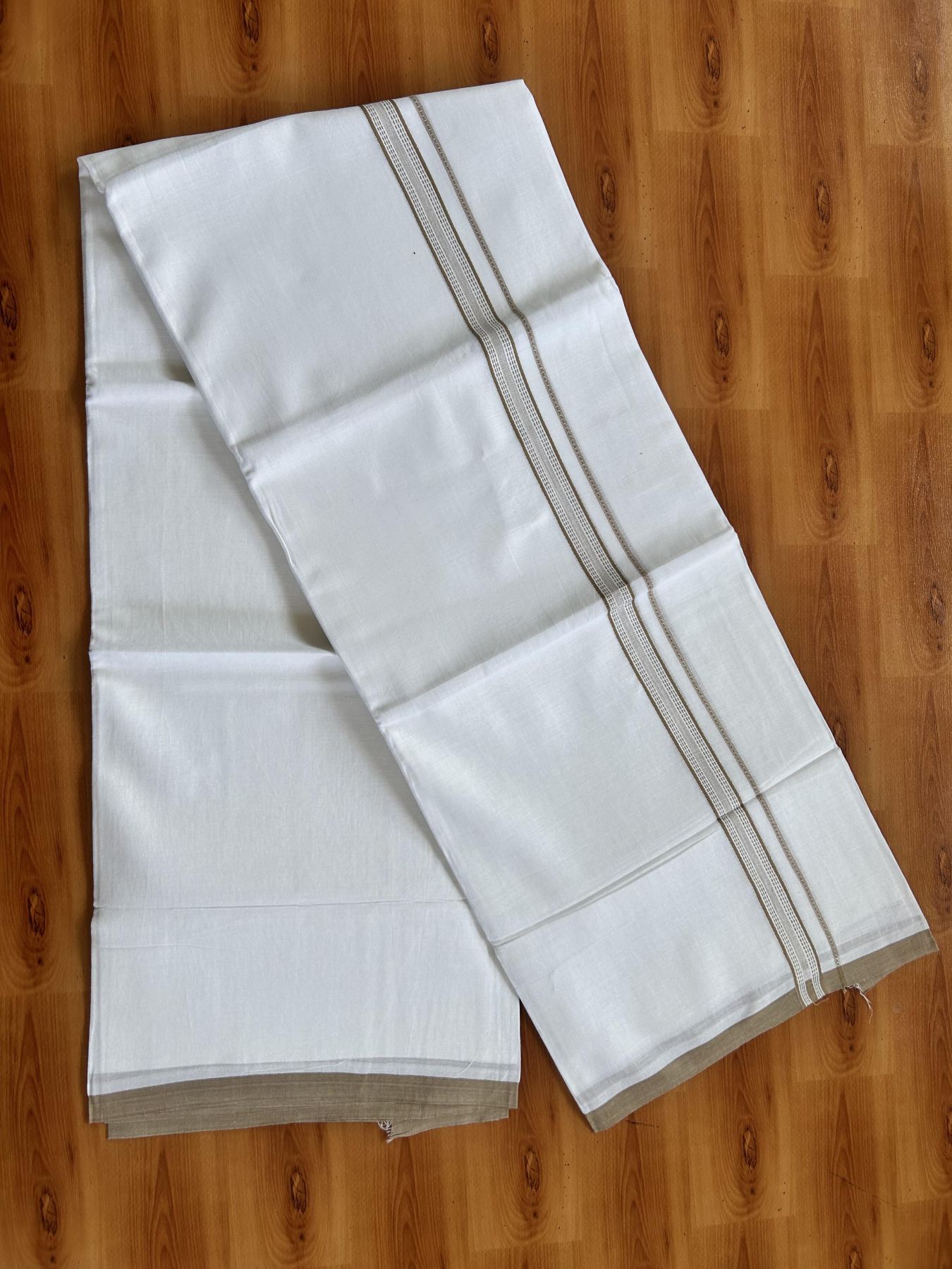 Double Pure White Mundu/Dothi - 20% Discount ! Kaitharikada Balaramapuram Cotton - 60s - 0.75 Inch Sand Brown Striped Kara 3.90 mtr (8 muzham) - 18 KK5437 VAS