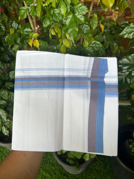 20% Discount ! Kaitharikada Balaramapuram 100% Cotton Pure White Double Mundu/Dothi - 100x80 - 1.5 inch Blue & Brown Shaded Striped Kara 4 mtr (8.5 muzham) - 49 KK5255 VAS