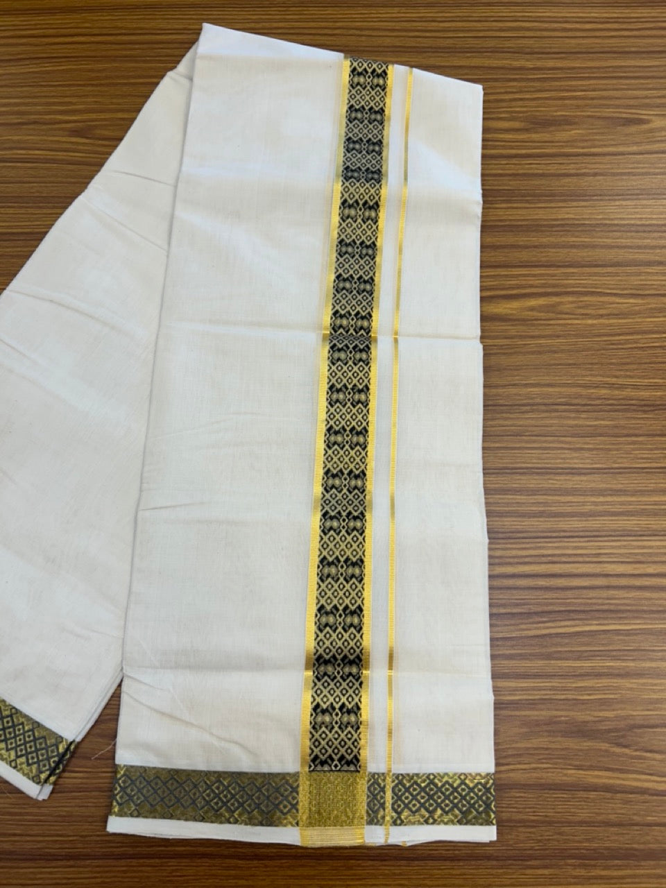 25% Discount ! Kaitharikada Handloom Unakkupaav Balaramapuram - 100% PURE Cotton OFF WHITE - (Unbleached) Double Mundu/Dhoti - 100x80 - 1.75 inch Gold Kasavu & Black Jacquard Design Kara 4 mtr (8.5 Muzham) - 4 KK5289 ABH
