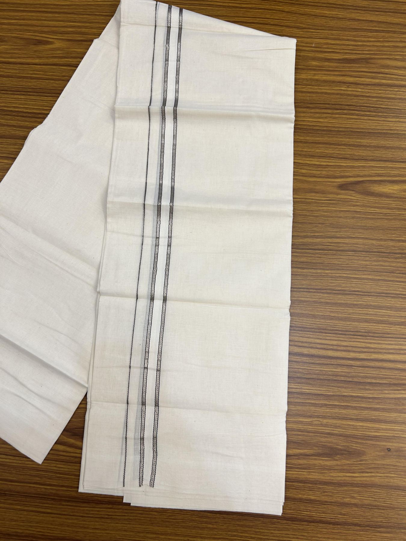 20% Discount!! KaithariKada Balaramapuram Pure Cotton Double Off White - (Unbleached) - Mundu/Dhoti - 100x80 - 1 inch Puliyilakkara Silver Kasav & Dark Brown Stripes One Side Chutty Kara 4 mtr (8.5 muzham) - 40 KK5357 VAS
