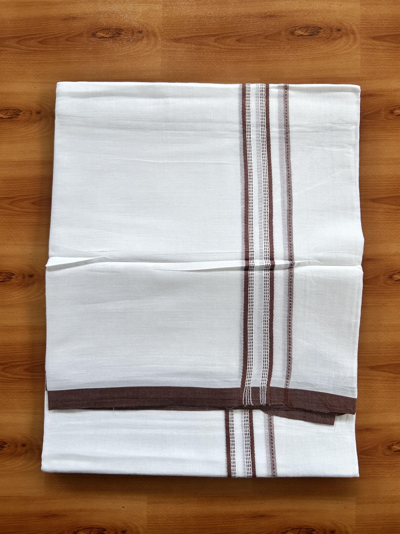 Double Pure White Mundu/Dothi - 20% Discount ! Kaitharikada Balaramapuram Cotton - 60s - 0.75 Inch Rosy Brown Striped Kara 3.90 mtr (8 muzham) - 17 KK5437 VAS