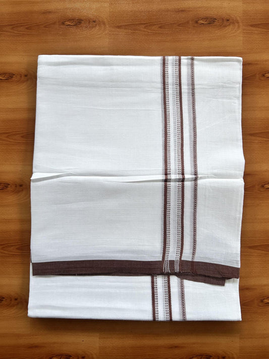 Double Pure White Mundu/Dothi - 20% Discount ! Kaitharikada Balaramapuram Cotton - 60s - 0.75 Inch Rosy Brown Striped Kara 3.90 mtr (8 muzham) - 17 KK5437 VAS
