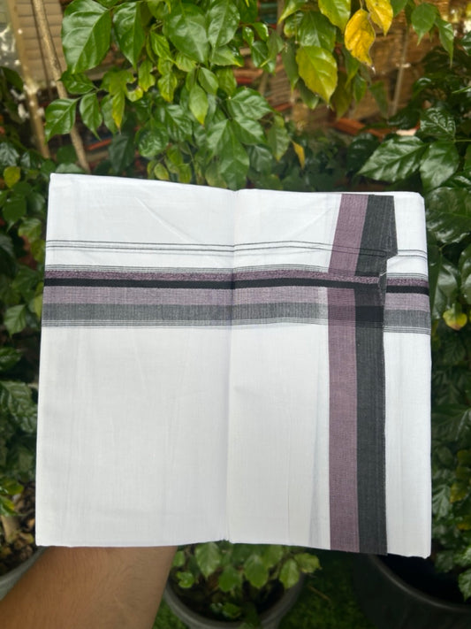 20% Discount ! Kaitharikada Balaramapuram 100% Cotton Pure White Double Mundu/Dothi - 100x80 - 1.5 inch Light Purple & Dark Brown Shaded Striped Kara 4 mtr (8.5 muzham) - 48 KK5255 VAS