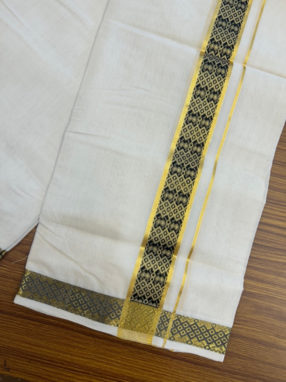 25% Discount ! Kaitharikada Handloom Unakkupaav Balaramapuram - 100% PURE Cotton OFF WHITE - (Unbleached) Double Mundu/Dhoti - 100x80 - 1.75 inch Gold Kasavu & Black Jacquard Design Kara 4 mtr (8.5 Muzham) - 4 KK5289 ABH