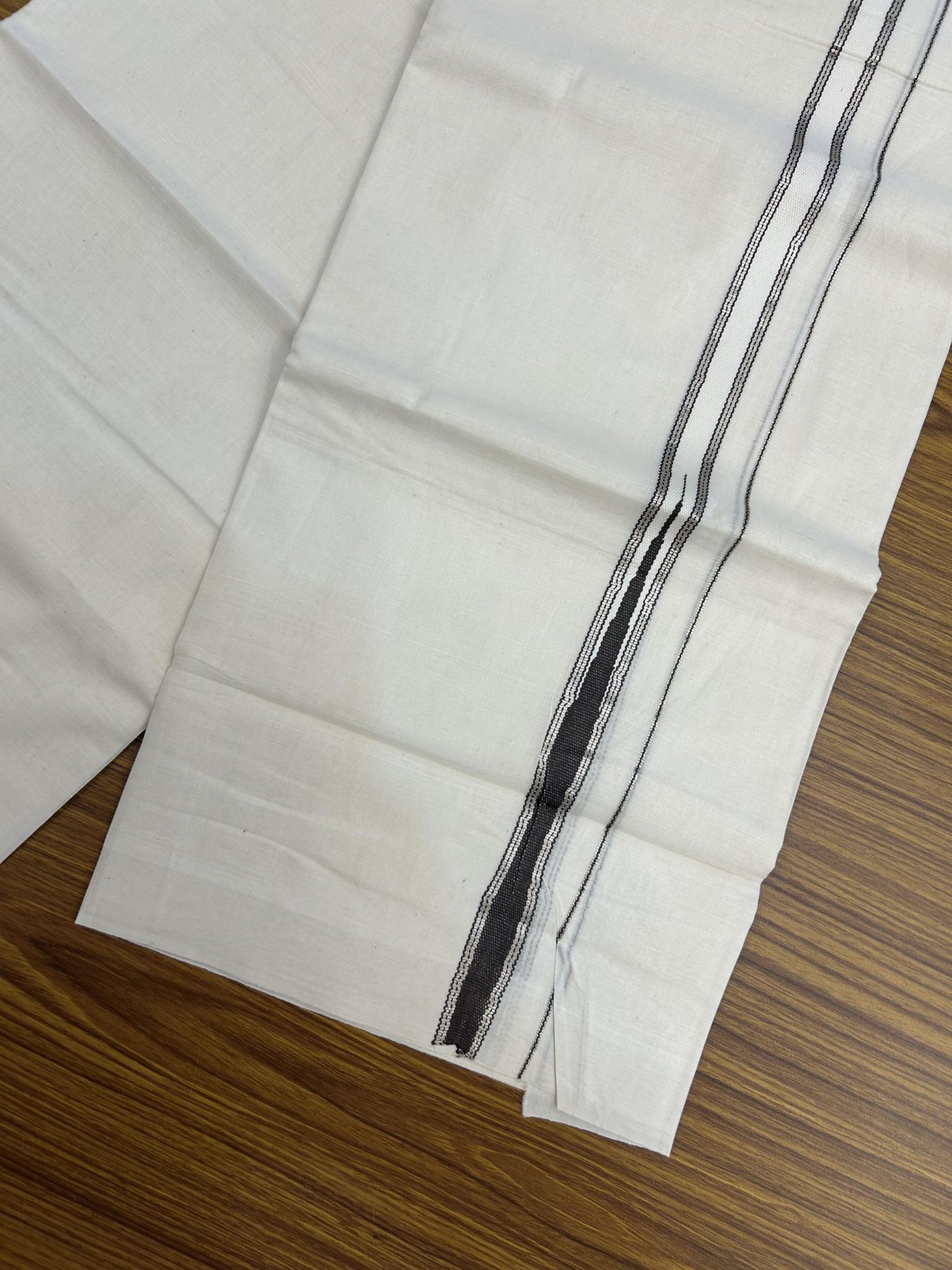 20% Discount!! KaithariKada Balaramapuram Pure Cotton Double Off White - (Unbleached) - Mundu/Dhoti - 100x80 - 1 inch Puliyilakkara Silver Kasav & Dark Brown Stripes One Side Chutty Kara 4 mtr (8.5 muzham) - 40 KK5357 VAS