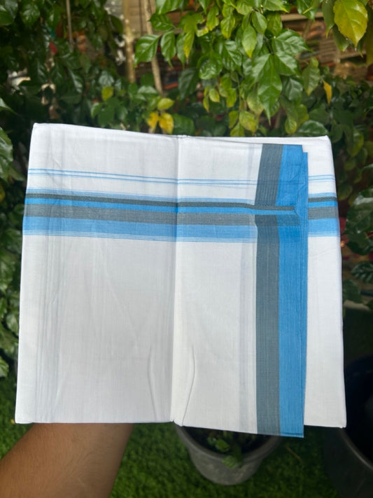 20% Discount ! Kaitharikada Balaramapuram 100% Cotton Pure White Double Mundu/Dothi - 100x80 - 1.5 inch Light Blue & Brown Shaded Striped Kara 4 mtr (8.5 muzham) - 47 KK5255 VAS