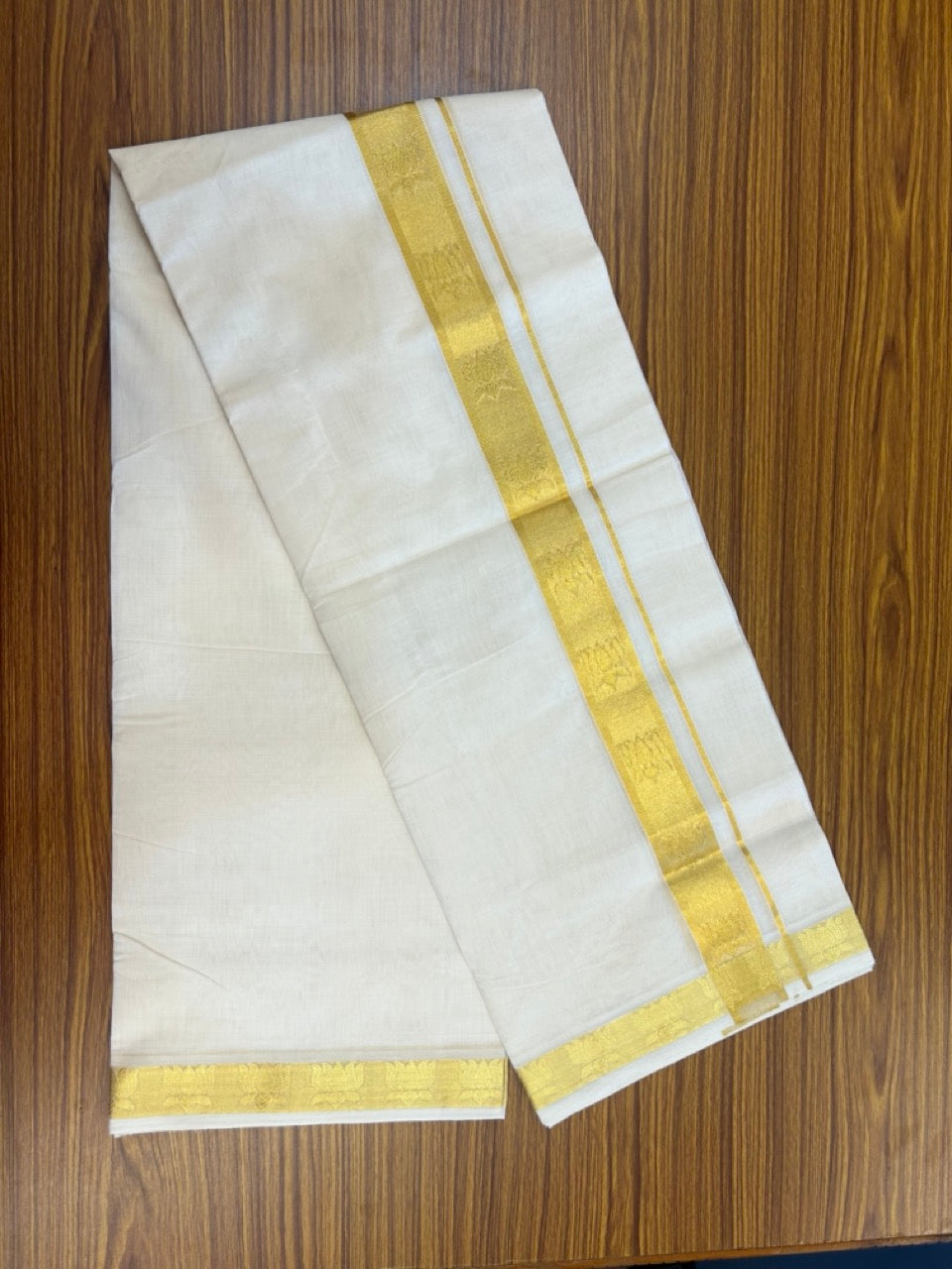 25% Discount ! Kaitharikada Handloom Unakkupaav Balaramapuram - 100% PURE Cotton OFF WHITE - (Unbleached) Double Mundu/Dhoti - 100x80 - 1.75 inch Gold Kasavu Lotus Jacquard Design Kara 4 mtr (8.5 Muzham) - 5 KK5289 ABH