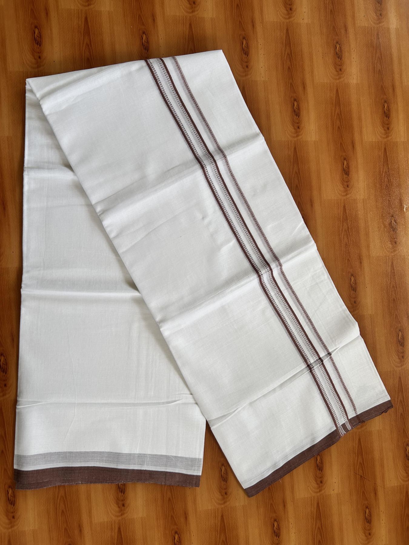 Double Pure White Mundu/Dothi - 20% Discount ! Kaitharikada Balaramapuram Cotton - 60s - 0.75 Inch Rosy Brown Striped Kara 3.90 mtr (8 muzham) - 17 KK5437 VAS