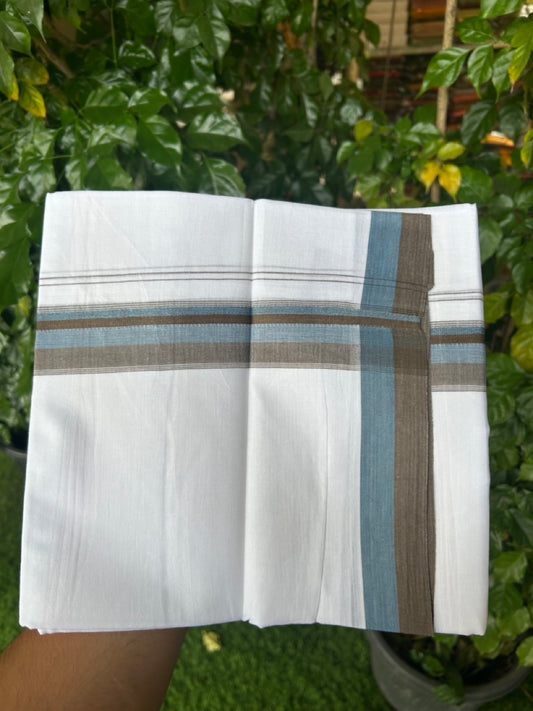 20% Discount ! Kaitharikada Balaramapuram 100% Cotton Pure White Double Mundu/Dothi - 100x80 - 1.5 inch Peacock Blue & Brown Shaded Striped Kara 4 mtr (8.5 muzham) - 46 KK5255 VAS