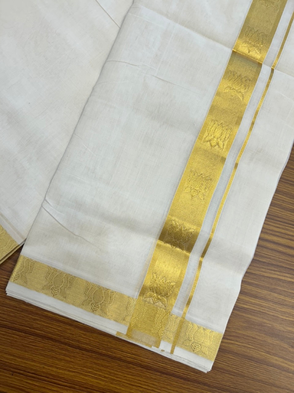 25% Discount ! Kaitharikada Handloom Unakkupaav Balaramapuram - 100% PURE Cotton OFF WHITE - (Unbleached) Double Mundu/Dhoti - 100x80 - 1.75 inch Gold Kasavu Lotus Jacquard Design Kara 4 mtr (8.5 Muzham) - 5 KK5289 ABH