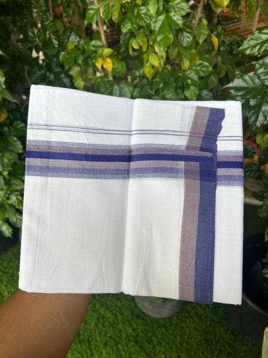 20% Discount ! Kaitharikada Balaramapuram 100% Cotton Pure White Double Mundu/Dothi - 100x80 - 1.5 inch Violet & Peach Shaded Striped Kara 4 mtr (8.5 muzham) - 45 KK5255 VAS