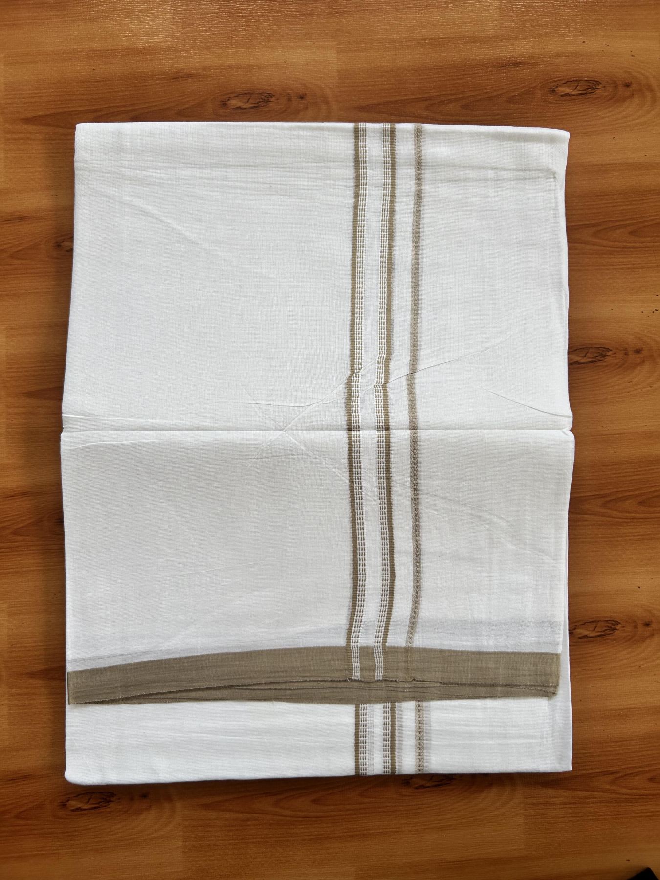 Double Pure White Mundu/Dothi - 20% Discount ! Kaitharikada Balaramapuram Cotton - 60s - 0.75 Inch Dark Beige Striped Kara 3.90 mtr (8 muzham) - 19 KK5437 VAS