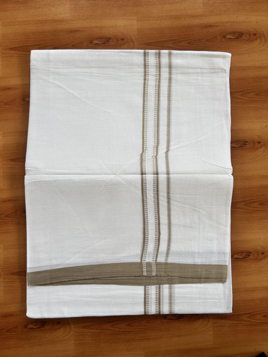 Double Pure White Mundu/Dothi - 20% Discount ! Kaitharikada Balaramapuram Cotton - 60s - 0.75 Inch Dark Beige Striped Kara 3.90 mtr (8 muzham) - 19 KK5437 VAS