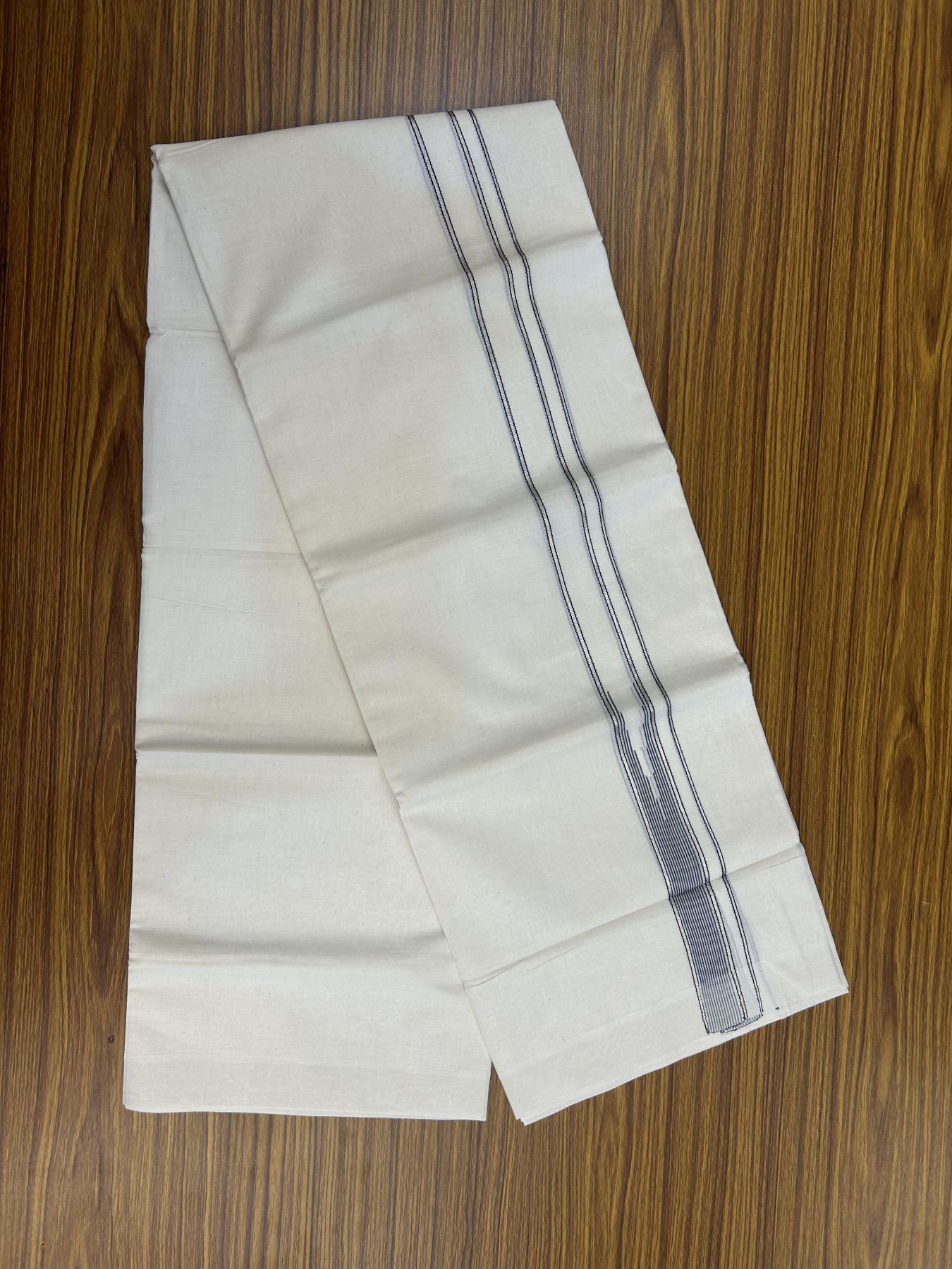 20% Discount!! KaithariKada Balaramapuram Pure Cotton Double Off White - (Unbleached) - Mundu/Dhoti - 100x80 - 1.25 inch Puliyilakkara Silver Kasav & Navy Blue Stripes One Side Chutty Kara 4 mtr (8.5 muzham) - 44 KK5357 VAS