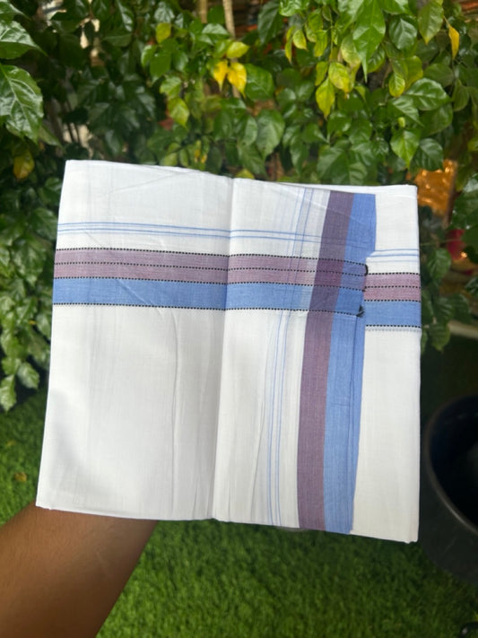 20% Discount ! Kaitharikada Balaramapuram 100% Cotton Pure White Double Mundu/Dothi - 100x80 - 1.5 inch Black Blue & Maroon Shaded Striped Kara 4 mtr (8.5 muzham) - 44 KK5255 VAS