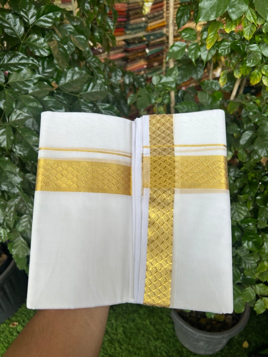 25% Discount!! KaithariKada Handloom Unakkupaav Balaramapuram - 100% Pure Cotton Pure White Double Mundu/Dothi - 100x80 - 1.75 Inch Gold Kasav Jacquard Design kara 4mtr (8.5 muzham) - 1 KK5289 ABH