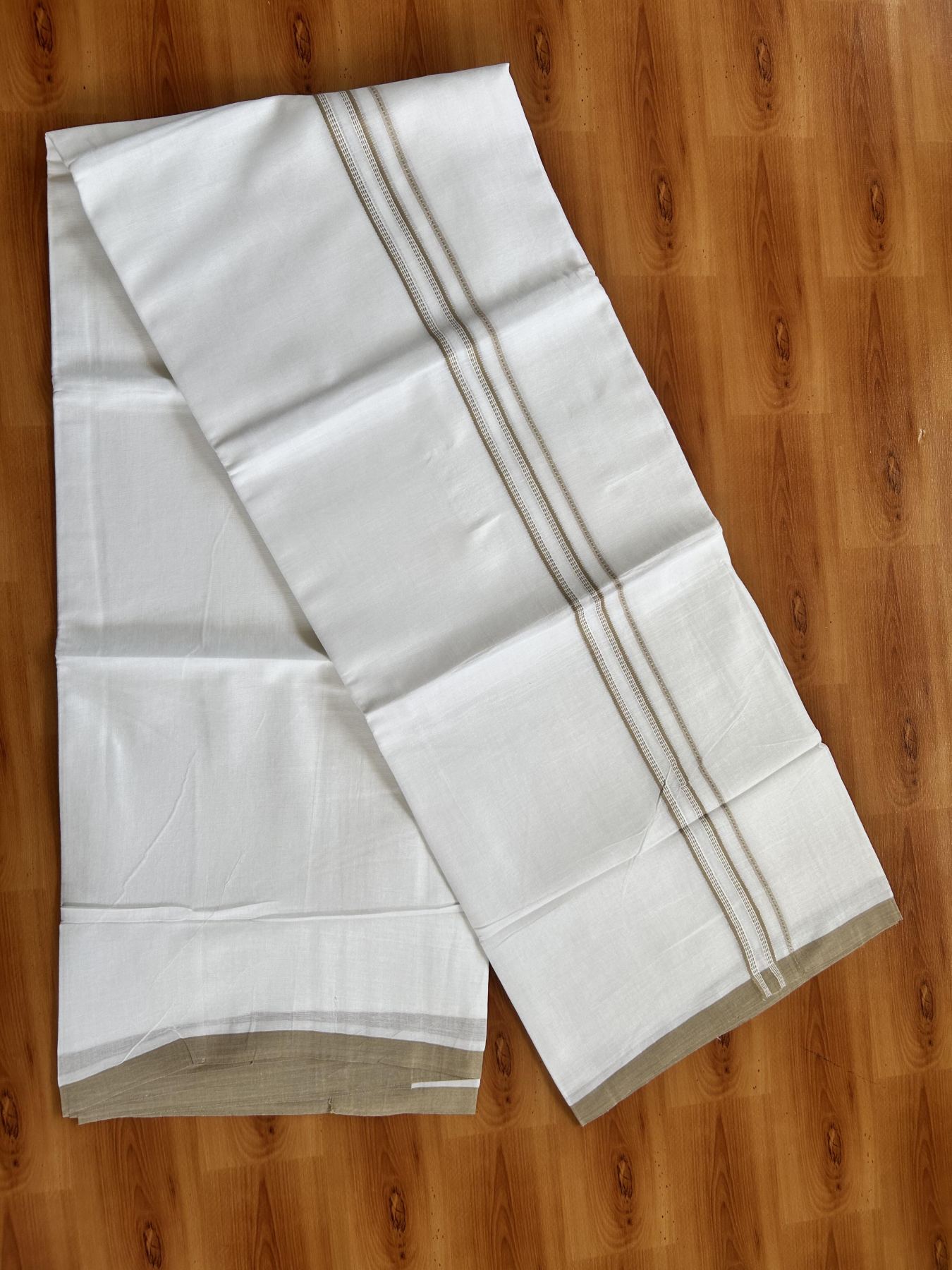 Double Pure White Mundu/Dothi - 20% Discount ! Kaitharikada Balaramapuram Cotton - 60s - 0.75 Inch Dark Beige Striped Kara 3.90 mtr (8 muzham) - 19 KK5437 VAS