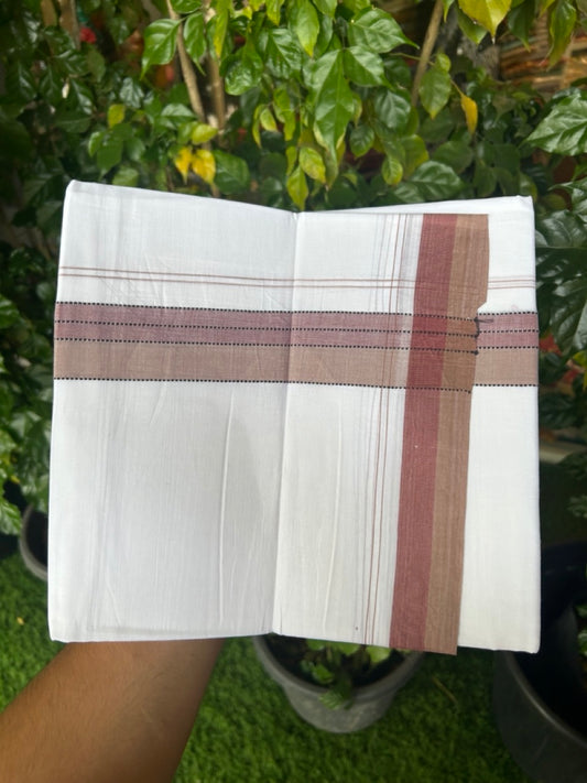20% Discount ! Kaitharikada Balaramapuram 100% Cotton Pure White Double Mundu/Dothi - 100x80 - 1.5 inch Black Light Brown & Maroon Shaded Striped Kara 4 mtr (8.5 muzham) - 43 KK5255 VAS