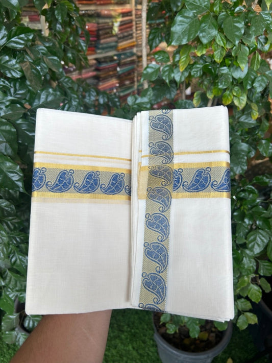 25% Discount ! Kaitharikada Handloom Unakkupaav Balaramapuram - 100% PURE Cotton OFF WHITE - (Unbleached) Double Mundu/Dhoti - 100x80 - 1.75 inch Gold Kasavu & Blue Jacquard Design Kara 4 mtr (8.5 Muzham) - 2 KK5289 ABH