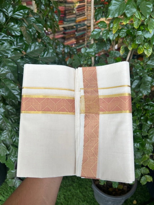 25% Discount ! Kaitharikada Handloom Unakkupaav Balaramapuram - 100% PURE Cotton OFF WHITE - (Unbleached) Double Mundu/Dhoti - 100x80 - 1.75 inch Gold Kasavu & Light Peach Jacquard Design Kara 4 mtr (8.5 Muzham) - 3 KK5289 ABH