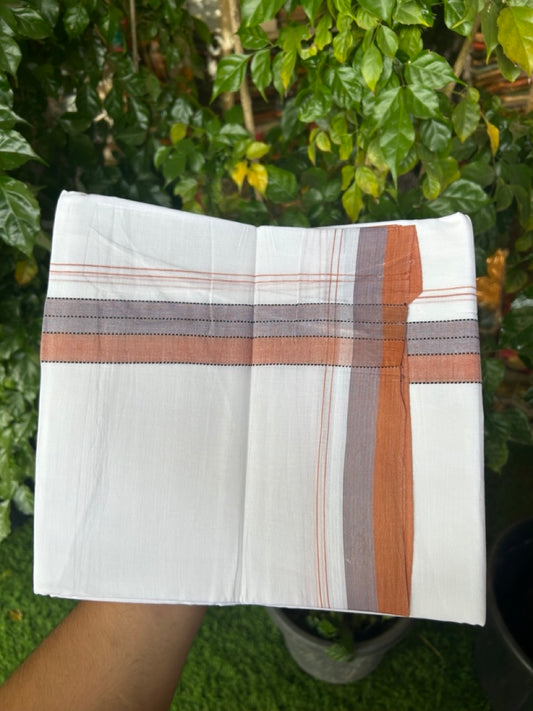 20% Discount ! Kaitharikada Balaramapuram 100% Cotton Pure White Double Mundu/Dothi - 100x80 - 1.5 inch Black Brown & Lavender Shaded Striped Kara 4 mtr (8.5 muzham) - 42 KK5255 VAS