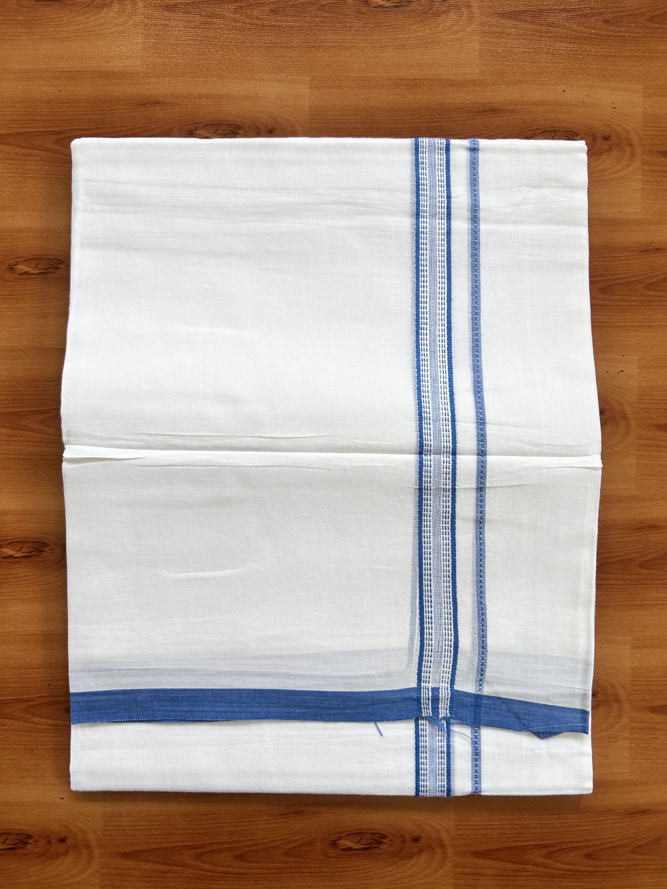 Double Pure White Mundu/Dothi - 20% Discount ! Kaitharikada Balaramapuram Cotton - 60s - 0.75 Inch Blue Striped Kara 3.90 mtr (8 muzham) - 16 KK5437 VAS