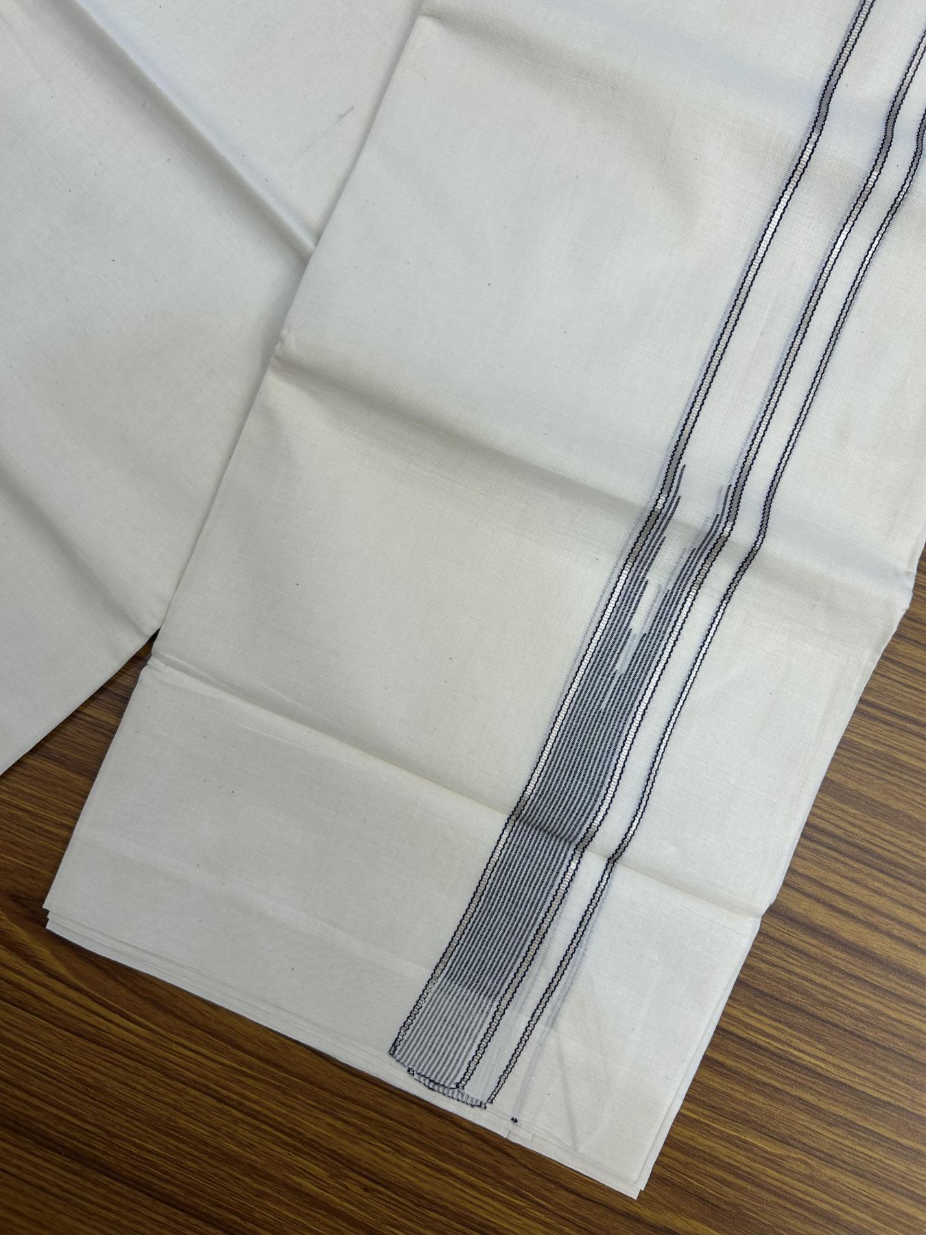 20% Discount!! KaithariKada Balaramapuram Pure Cotton Double Off White - (Unbleached) - Mundu/Dhoti - 100x80 - 1.25 inch Puliyilakkara Silver Kasav & Navy Blue Stripes One Side Chutty Kara 4 mtr (8.5 muzham) - 44 KK5357 VAS