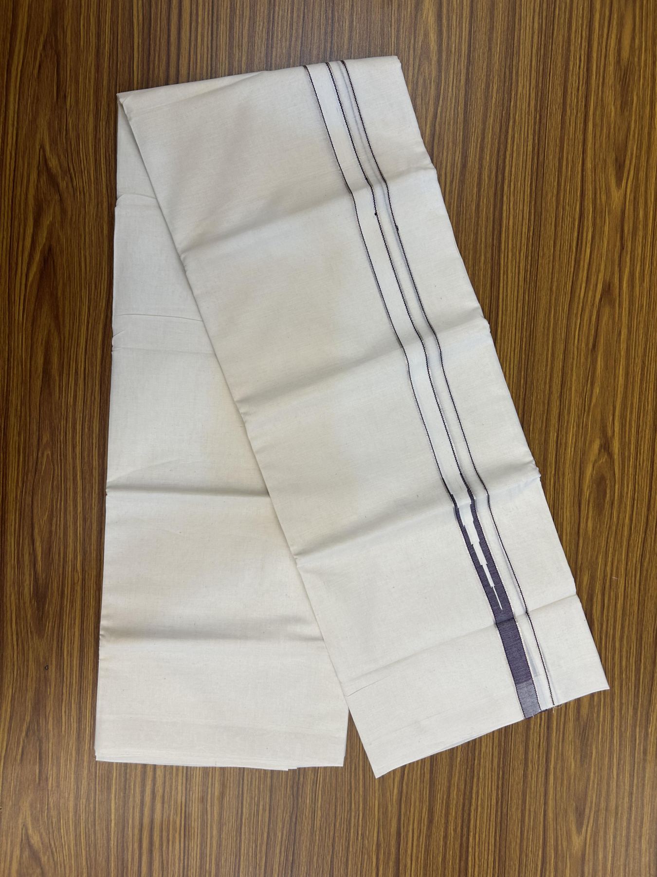 20% Discount!! KaithariKada Balaramapuram Pure Cotton Double Off White - (Unbleached) - Mundu/Dhoti - 100x80 - 1 inch Puliyilakkara Silver Kasav & Violet Stripes One Side Chutty Kara 4 mtr (8.5 muzham) - 42 KK5357 VAS
