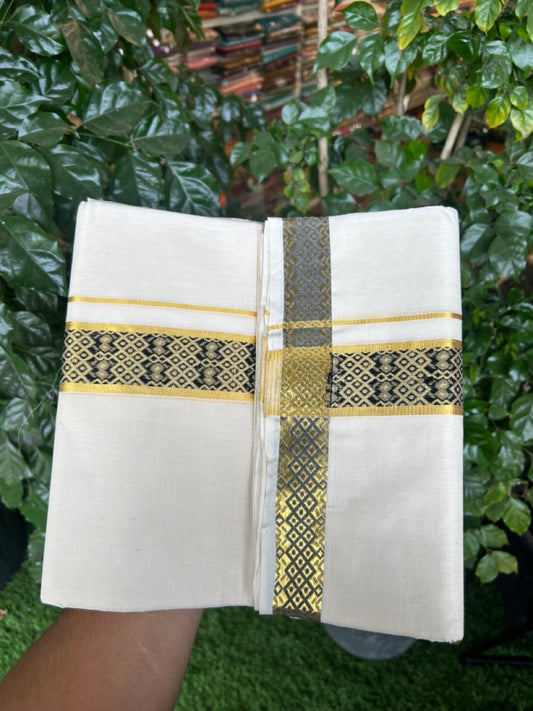 25% Discount ! Kaitharikada Handloom Unakkupaav Balaramapuram - 100% PURE Cotton OFF WHITE - (Unbleached) Double Mundu/Dhoti - 100x80 - 1.75 inch Gold Kasavu & Black Jacquard Design Kara 4 mtr (8.5 Muzham) - 4 KK5289 ABH