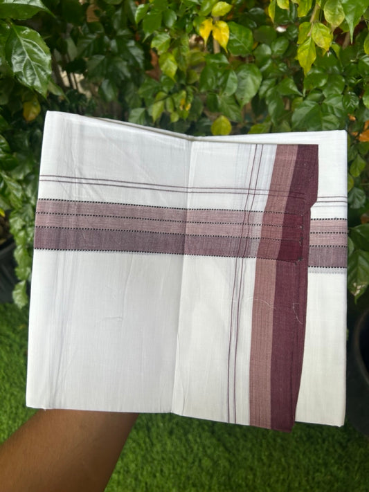 20% Discount ! Kaitharikada Balaramapuram 100% Cotton Pure White Double Mundu/Dothi - 100x80 - 1.5 inch Black maroon & Peach Shaded Striped Kara 4 mtr (8.5 muzham) - 41 KK5255 VAS