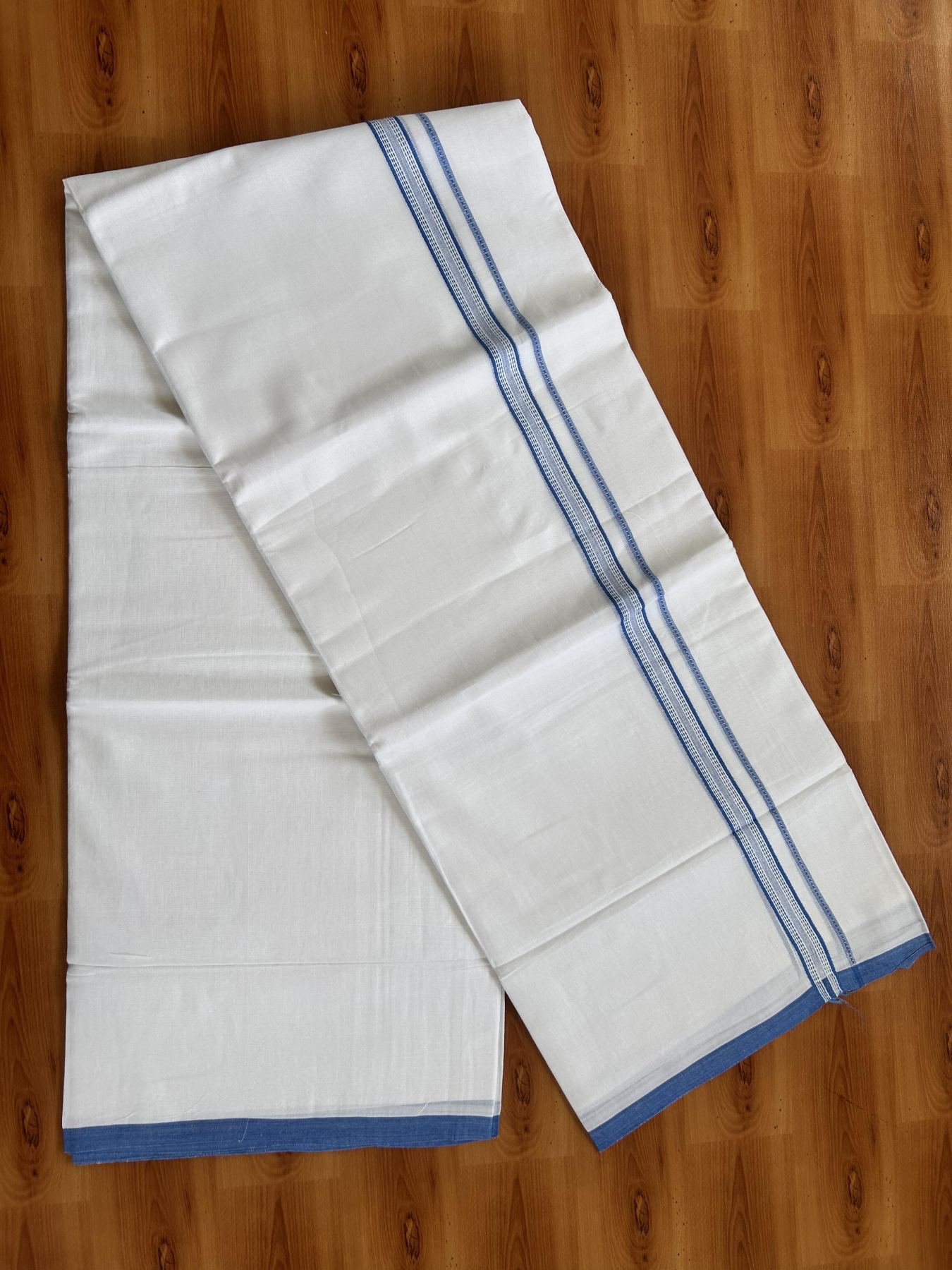 Double Pure White Mundu/Dothi - 20% Discount ! Kaitharikada Balaramapuram Cotton - 60s - 0.75 Inch Blue Striped Kara 3.90 mtr (8 muzham) - 16 KK5437 VAS