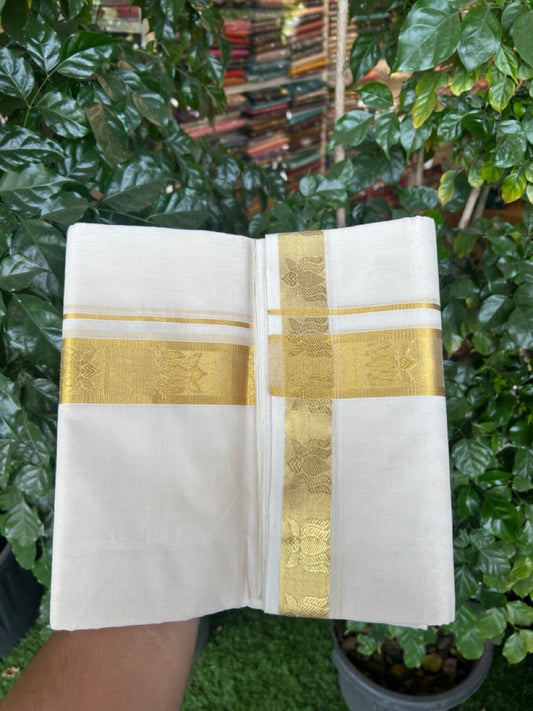 25% Discount ! Kaitharikada Handloom Unakkupaav Balaramapuram - 100% PURE Cotton OFF WHITE - (Unbleached) Double Mundu/Dhoti - 100x80 - 1.75 inch Gold Kasavu Lotus Jacquard Design Kara 4 mtr (8.5 Muzham) - 5 KK5289 ABH