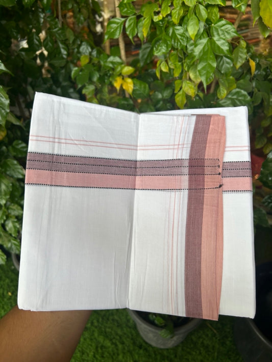 20% Discount ! Kaitharikada Balaramapuram 100% Cotton Pure White Double Mundu/Dothi - 100x80 - 1.5 inch Black Brown & Peach Shaded Striped Kara 4 mtr (8.5 muzham) - 40 KK5255 VAS