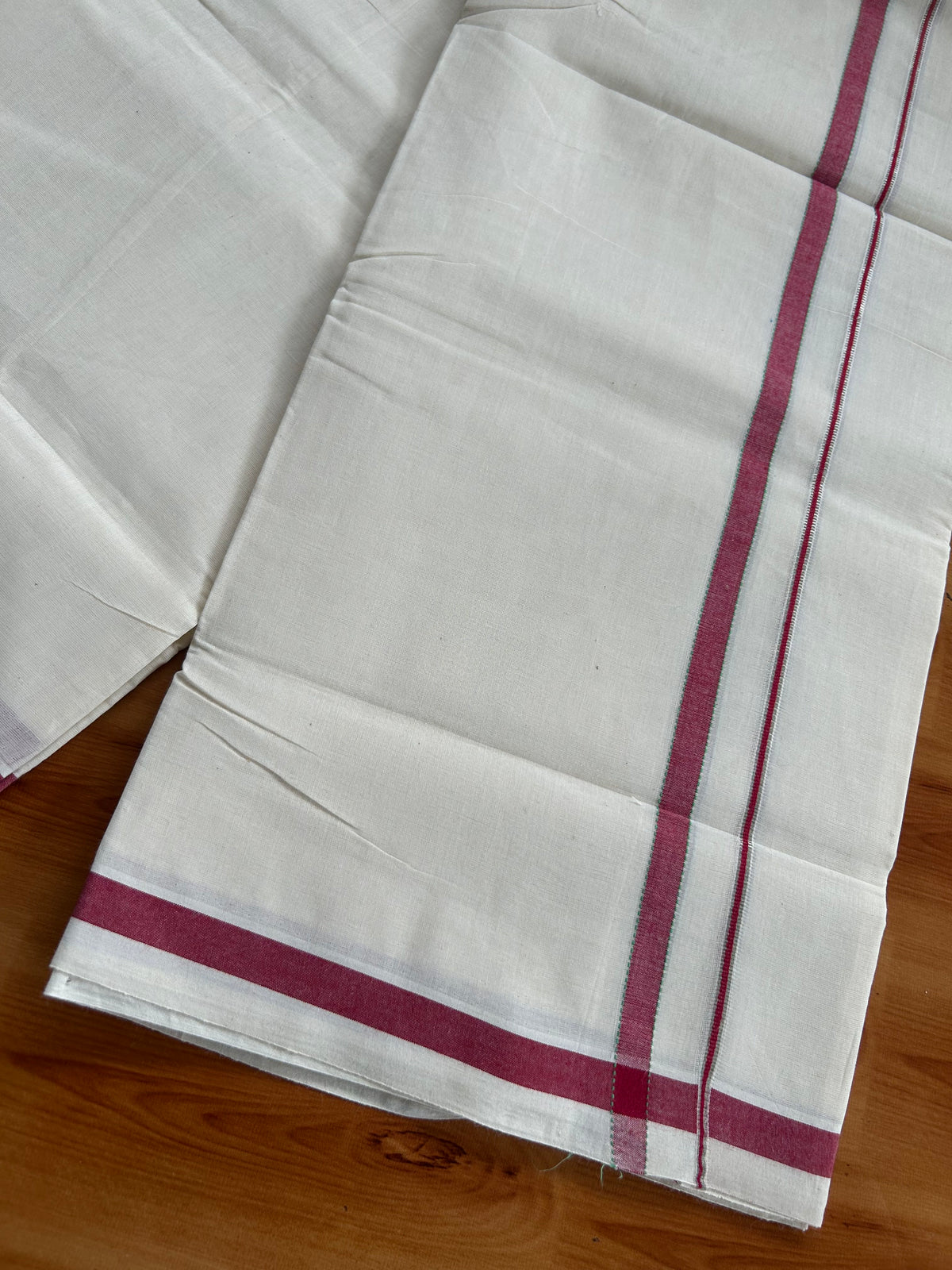 Double Off White (Unbleached) Mundu/Dhoti - 20% Discount!! KaithariKada Pulimood 100% Cotton 100X80-  0.5 inch Puliyilakkara Silver Kasav Red & Light Green Striped Chutty Kara - 4 mtr  (8.5 muzham) - 4 KK5548 VAS
