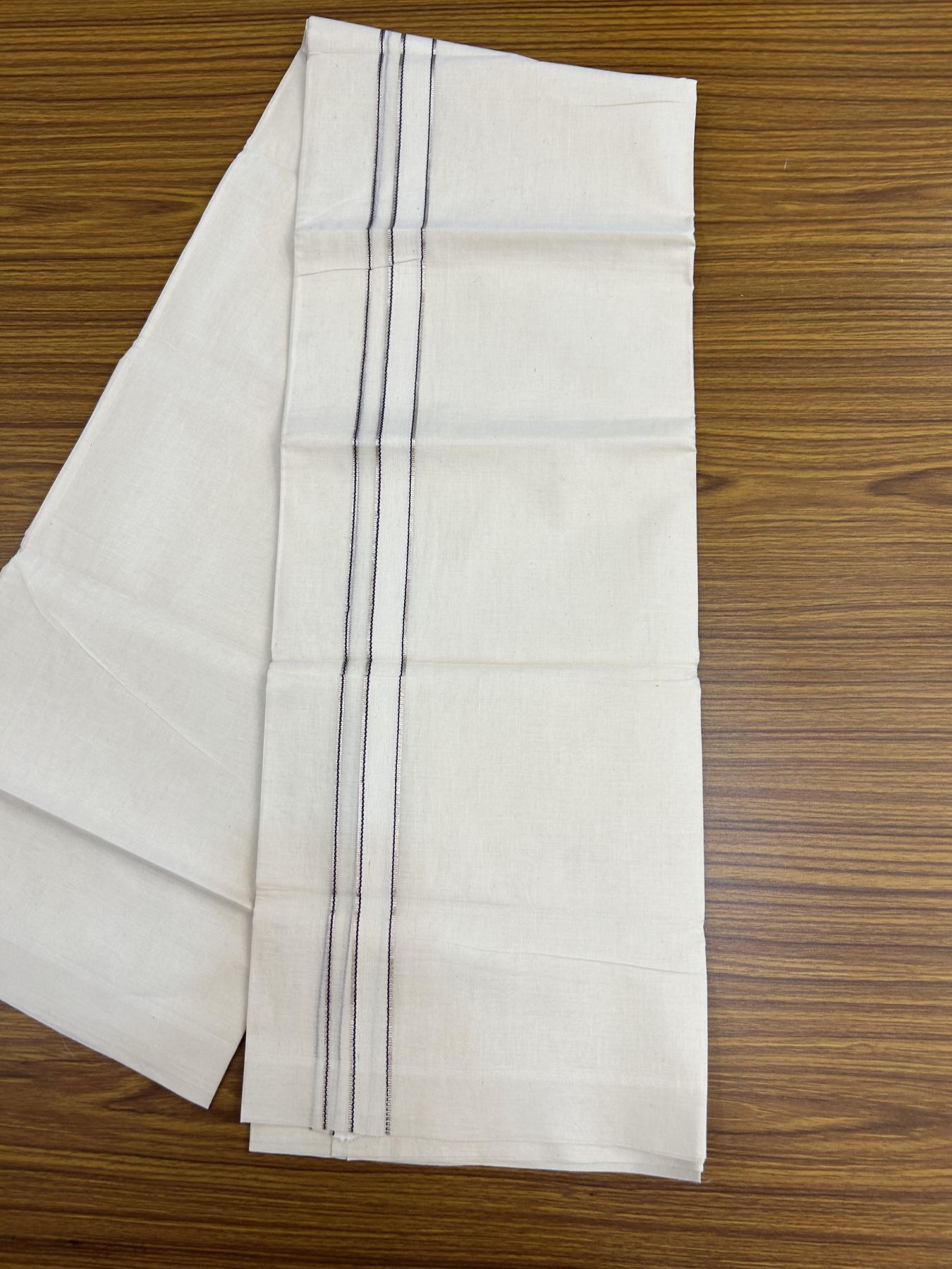 20% Discount!! KaithariKada Balaramapuram Pure Cotton Double Off White - (Unbleached) - Mundu/Dhoti - 100x80 - 1 inch Puliyilakkara Silver Kasav & Violet Stripes One Side Chutty Kara 4 mtr (8.5 muzham) - 42 KK5357 VAS