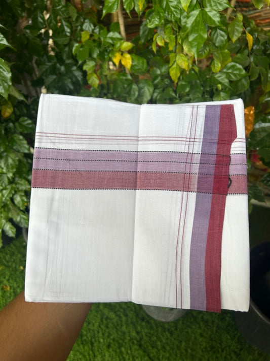 20% Discount ! Kaitharikada Balaramapuram 100% Cotton Pure White Double Mundu/Dothi - 100x80 - 2 inch Maroon & Lavender Shaded Striped Kara 4 mtr (8.5 muzham) - 39 KK5255 VAS