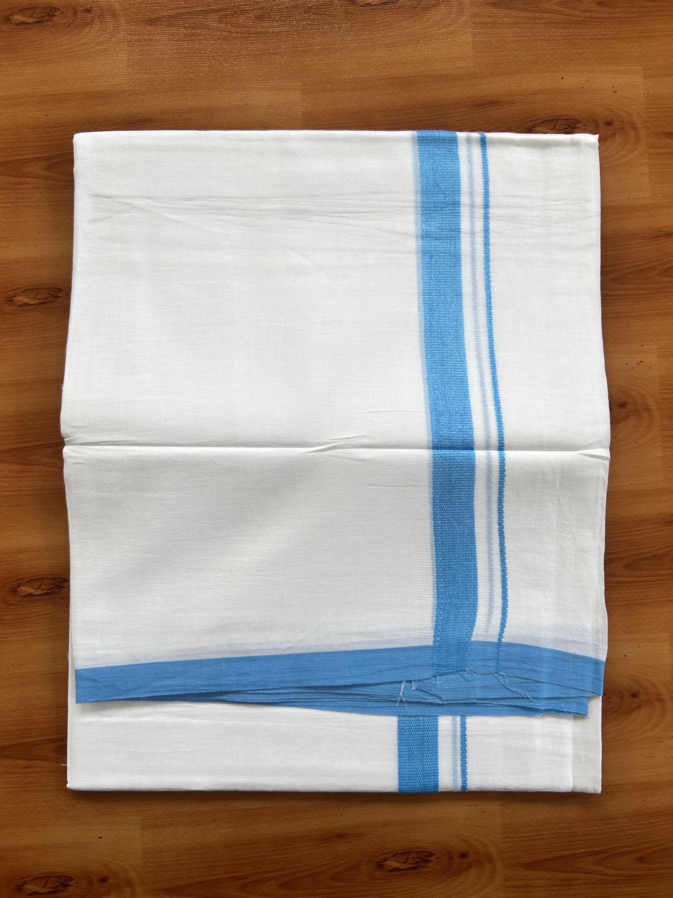 Double Pure White Mundu/Dothi - 20% Discount ! Kaitharikada Balaramapuram Cotton - 60s - 0.75 Inch Sky Blue Kara 3.90 mtr (8 muzham) - 25 KK5437 VAS