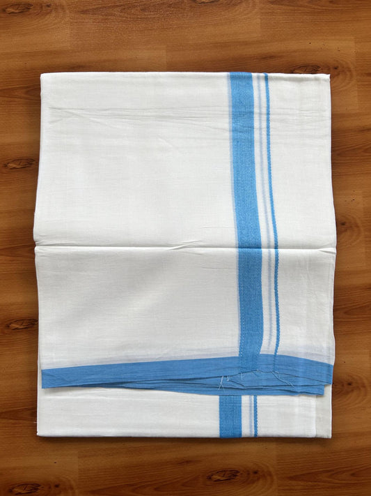 Double Pure White Mundu/Dothi - 20% Discount ! Kaitharikada Balaramapuram Cotton - 60s - 0.75 Inch Sky Blue Kara 3.90 mtr (8 muzham) - 25 KK5437 VAS