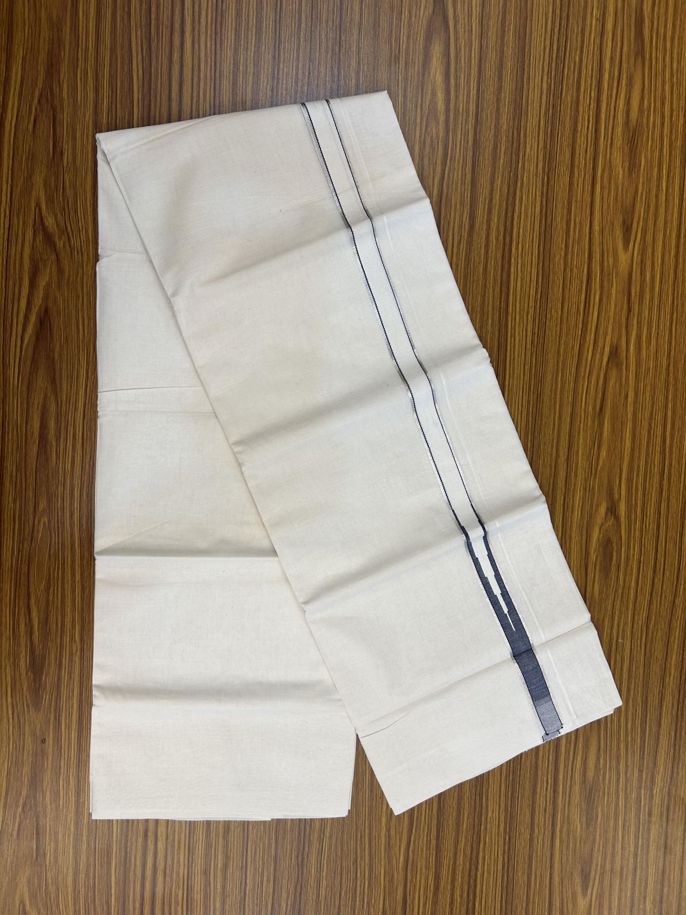 20% Discount!! KaithariKada Balaramapuram Pure Cotton Double Off White - (Unbleached) - Mundu/Dhoti - 100x80 - 1 inch Puliyilakkara Silver Kasav & Navy Blue Stripes One Side Chutty Kara 4 mtr (8.5 muzham) - 43 KK5357 VAS