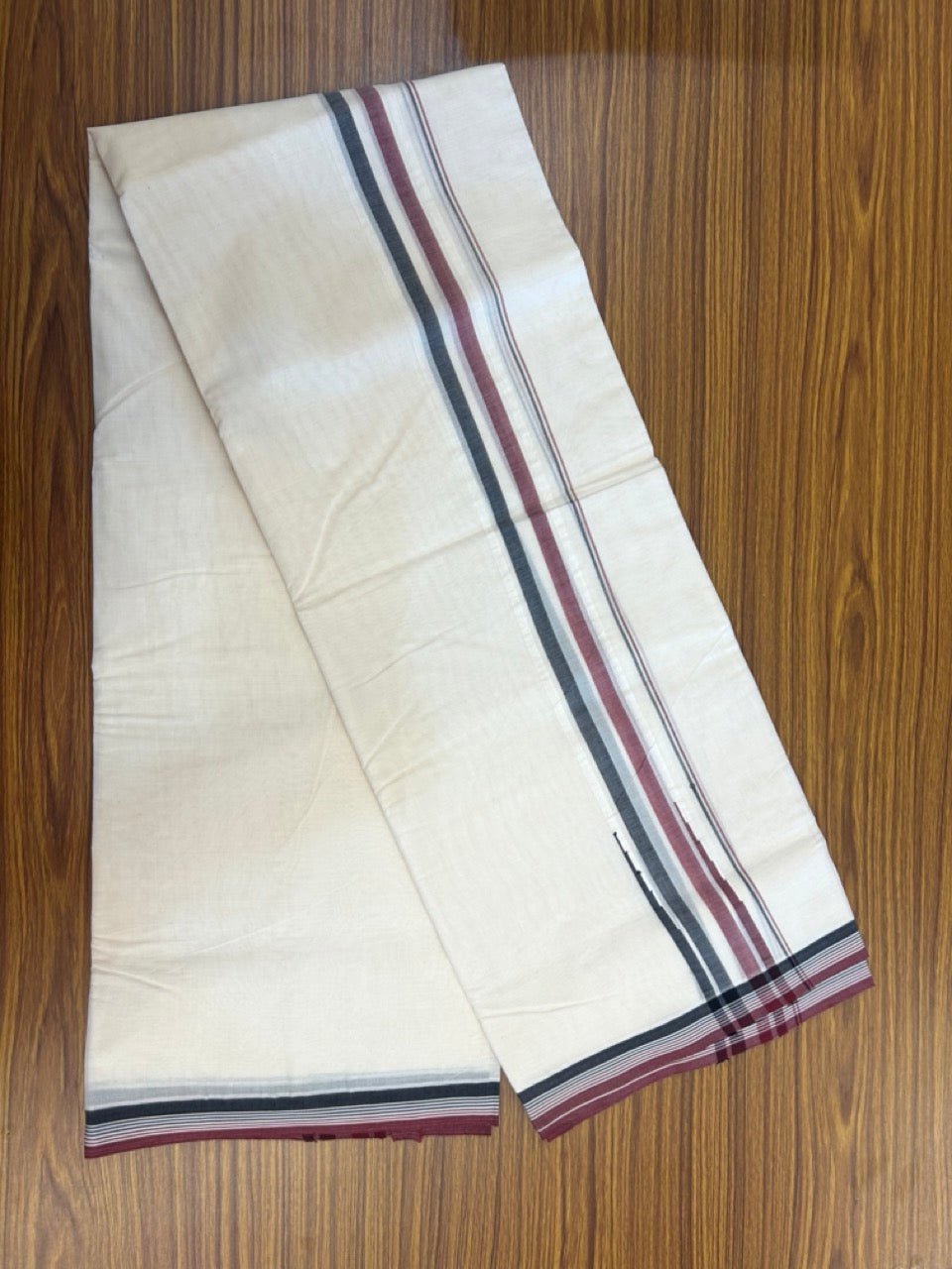 ADMK VESHTI - 20% DISCOUNT! KaithariKada 100% Cotton off white Double - (Unbleached) Mundu/Dhoti - 100X100 - 2 inch Puliyilakkara Black White & Maroon Shaded Chutty kara - 2 KK5290 ASH