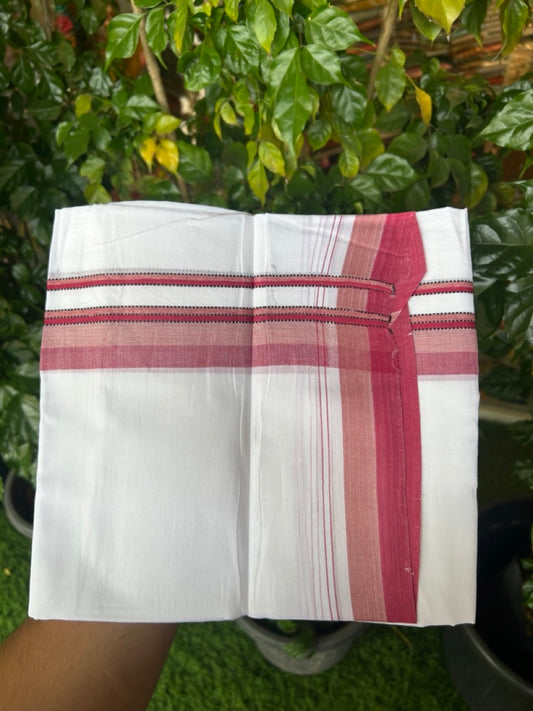 20% Discount ! Kaitharikada Balaramapuram 100% Cotton Pure White Double Mundu/Dothi - 100x80 - 1.5 inch Magenta & Sand Brown Shaded Striped Kara 4 mtr (8.5 muzham) - 53 KK5255 VAS