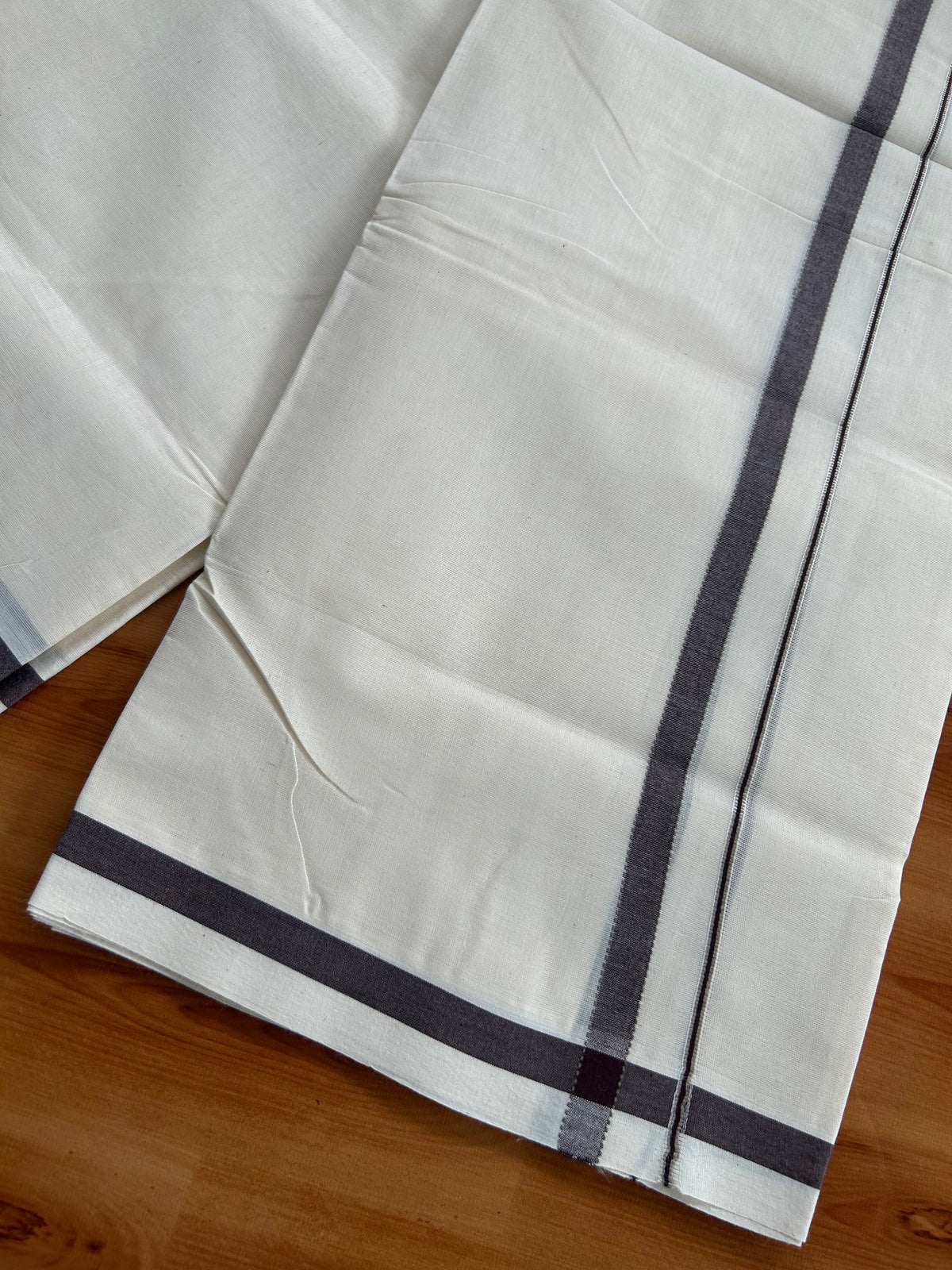 Double Off White (Unbleached) Mundu/Dhoti - 20% Discount!! KaithariKada Pulimood 100% Cotton 100X80-  0.5 inch Puliyilakkara Silver Kasav Brown & Olive Green Chutty Kara - 4 mtr  (8.5 muzham) - 1 KK5548 VAS