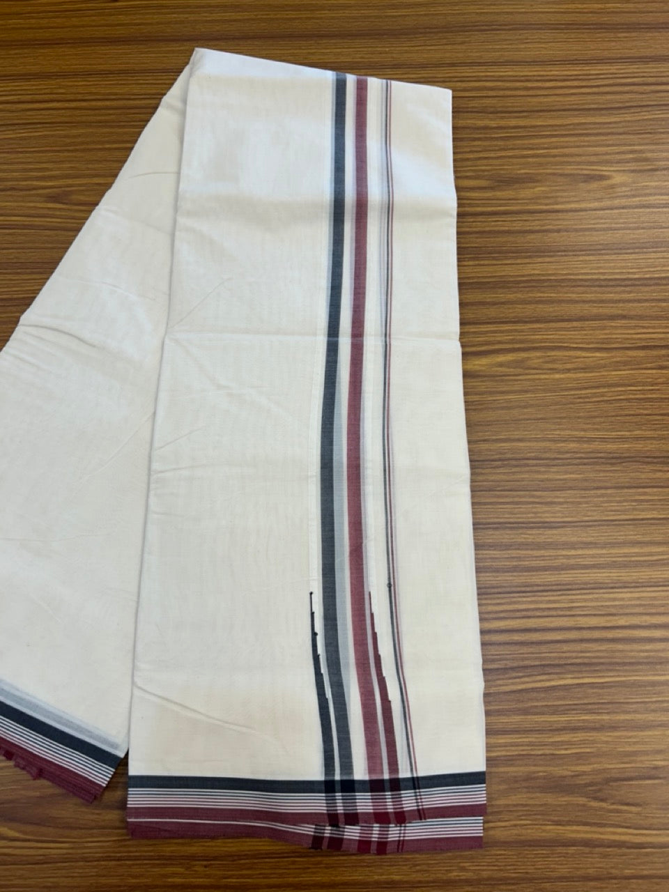 ADMK VESHTI - 20% DISCOUNT! KaithariKada 100% Cotton off white Double - (Unbleached) Mundu/Dhoti - 100X100 - 2 inch Puliyilakkara Black White & Maroon Shaded Chutty kara - 2 KK5290 ASH
