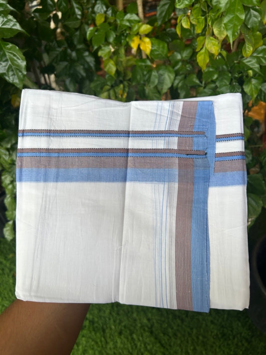 20% Discount ! Kaitharikada Balaramapuram 100% Cotton Pure White Double Mundu/Dothi - 100x80 - 1.5 inch Blue & Light Brown Shaded Striped Kara 4 mtr (8.5 muzham) - 52 KK5255 VAS