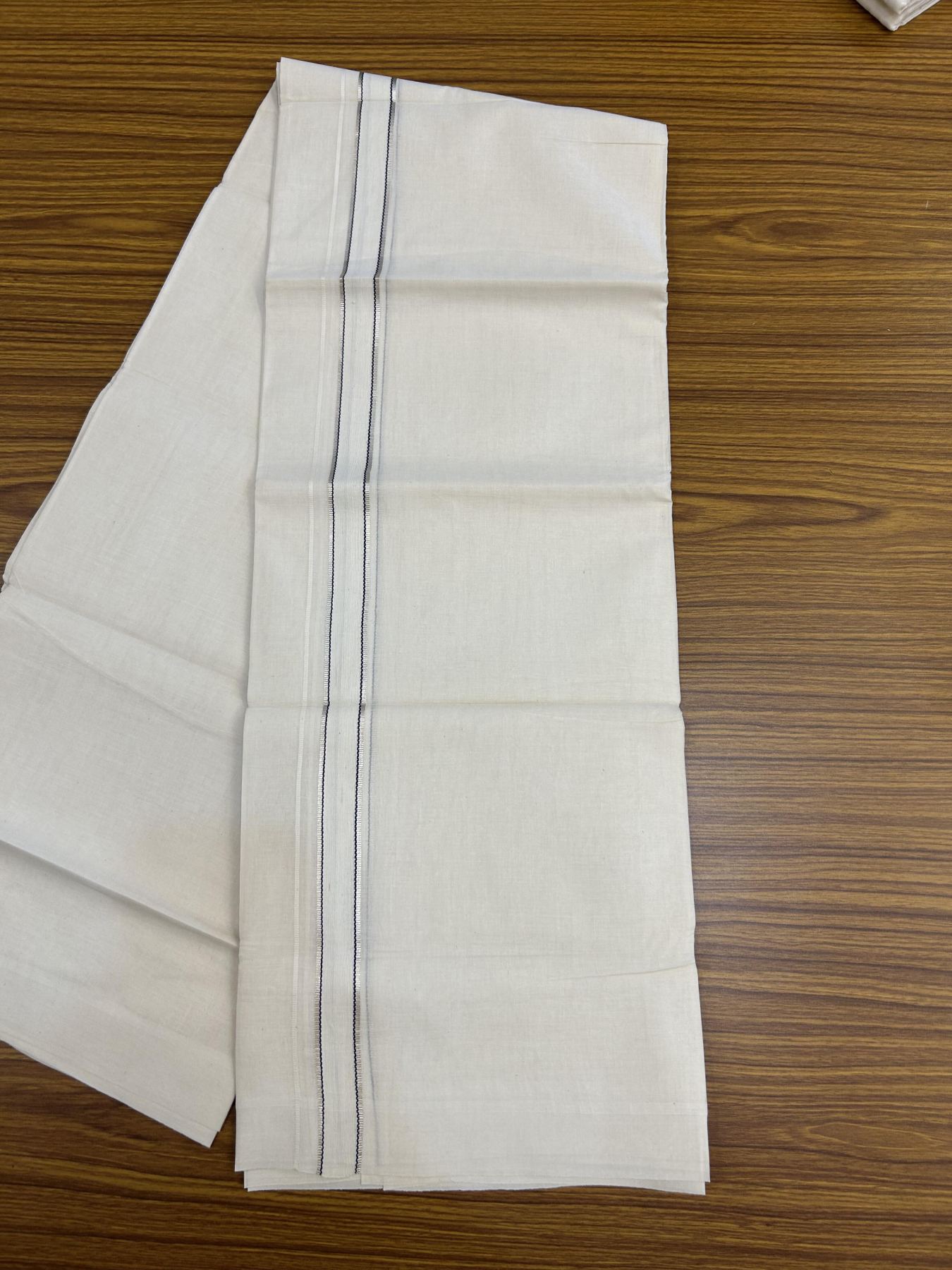 20% Discount!! KaithariKada Balaramapuram Pure Cotton Double Off White - (Unbleached) - Mundu/Dhoti - 100x80 - 1 inch Puliyilakkara Silver Kasav & Navy Blue Stripes One Side Chutty Kara 4 mtr (8.5 muzham) - 43 KK5357 VAS