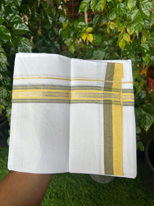20% Discount ! Kaitharikada Balaramapuram 100% Cotton Pure White Double Mundu/Dothi - 100x80 - 1.5 inch Yellow Black & Silver Kasav Striped Kara 4 mtr (8.5 muzham) - 37 KK5255 VAS