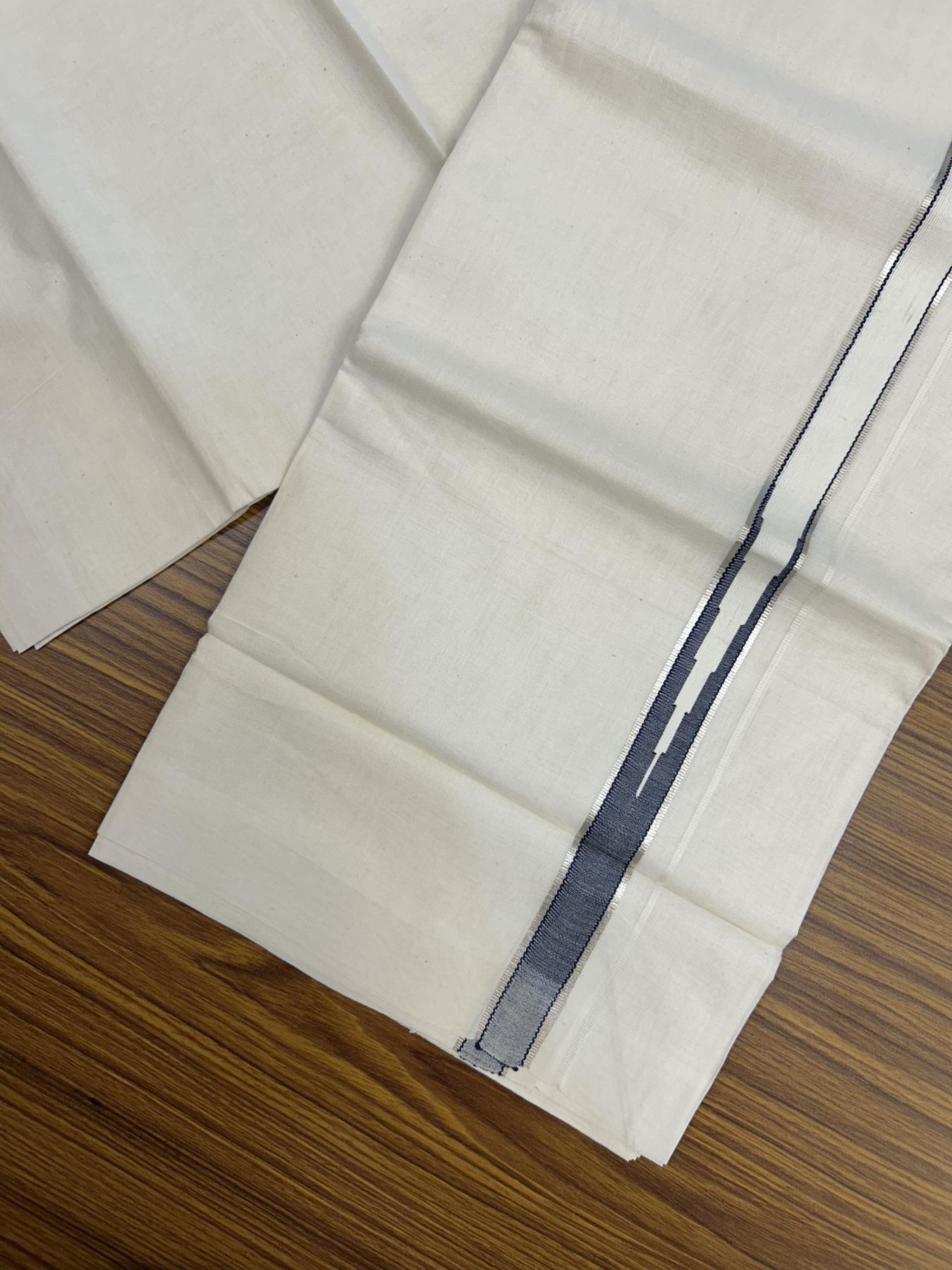20% Discount!! KaithariKada Balaramapuram Pure Cotton Double Off White - (Unbleached) - Mundu/Dhoti - 100x80 - 1 inch Puliyilakkara Silver Kasav & Navy Blue Stripes One Side Chutty Kara 4 mtr (8.5 muzham) - 43 KK5357 VAS