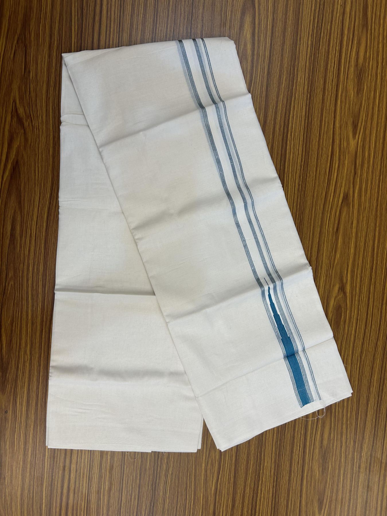 20% Discount!! KaithariKada Balaramapuram Pure Cotton Double Off White - (Unbleached) - Mundu/Dhoti - 100x80 - 1 inch Puliyilakkara Silver Kasav & Turquoise Blue Stripes One Side Chutty Kara 4 mtr (8.5 muzham) - 36 KK5357 VAS