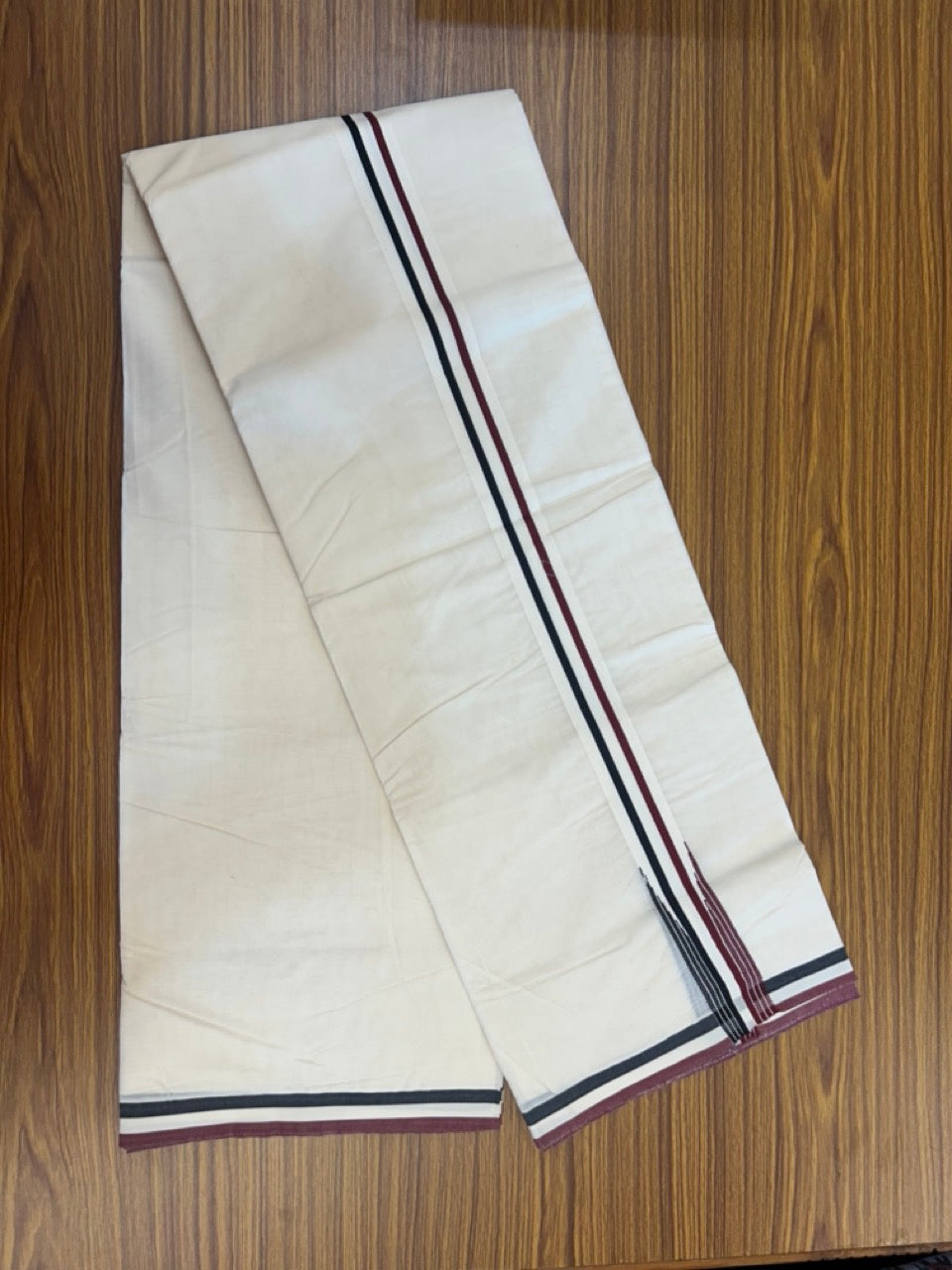 ADMK VESHTI - 20% DISCOUNT! KaithariKada 100% Cotton off white Double - (Unbleached) Mundu/Dhoti - 100X100 - 1.25 inch Black White & Maroon Striped Wings Chutty kara 4 meter (8.5 Muzham) - 8 KK5290 ASH